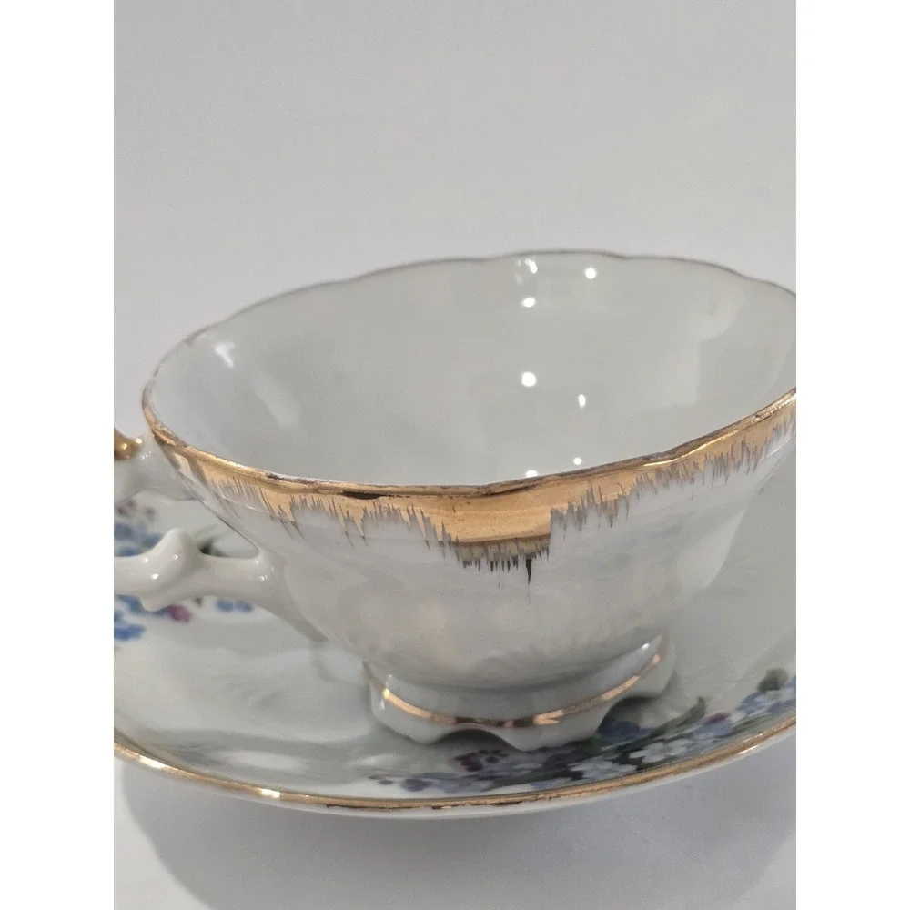 Vintage Japan Nippon Yoko Boeki Co. Porcelain Floral Teacup and Saucer Set Blue